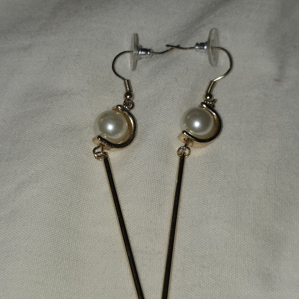 Gold and Pearl Long Drop Earrings